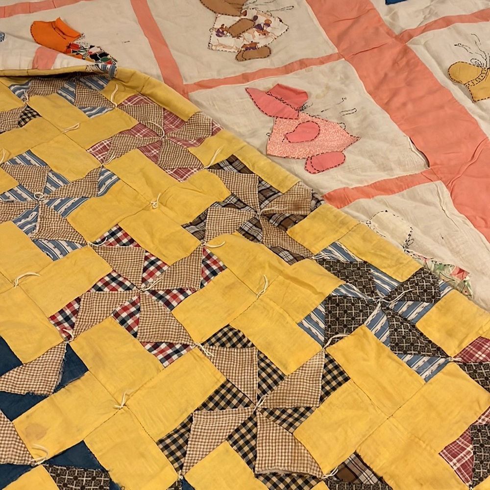64”  x 74” double sided pinwheel and Sunbonnet sue heavy hand sewn quilt